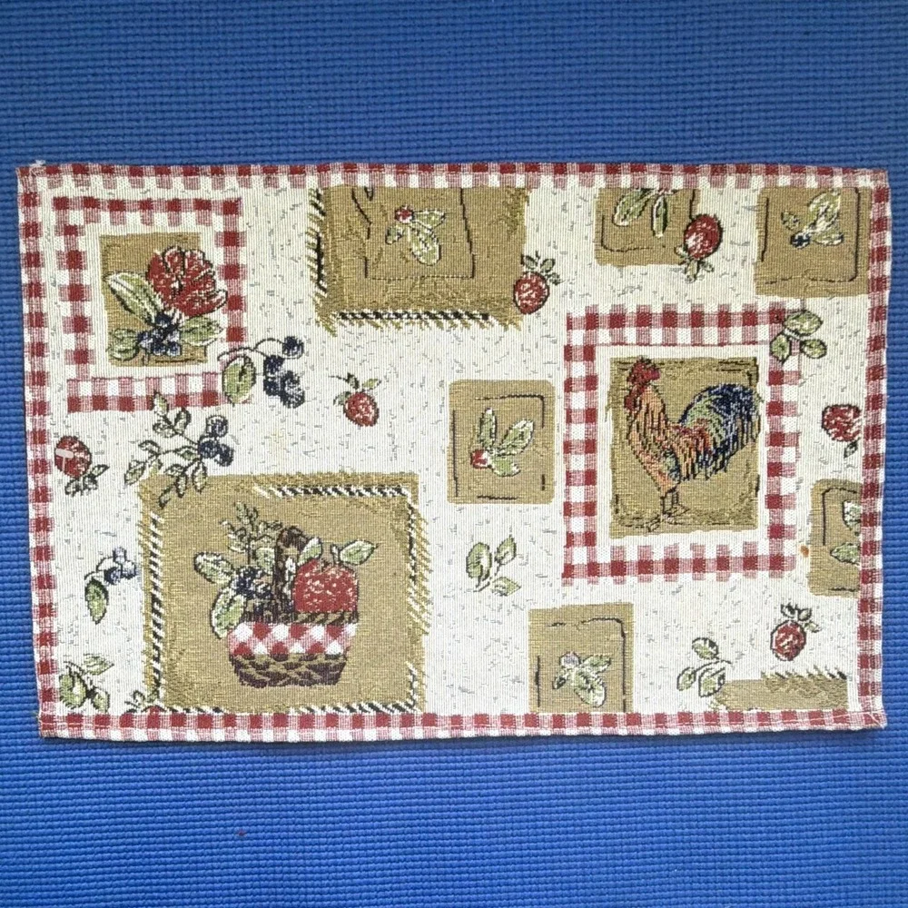 Set of 8 Tapestry Farm Rooster Fruit Basket/count Rooster Red Gingham Placemats